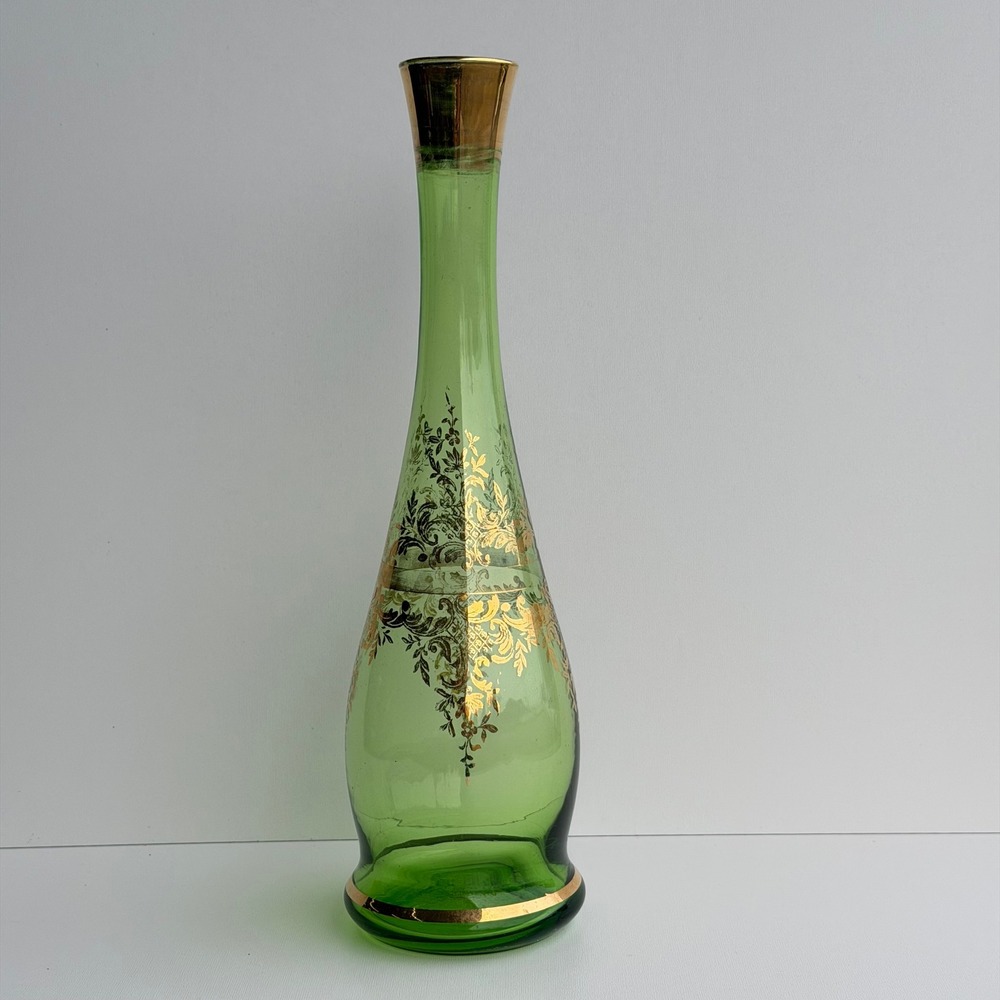 Vintage MCM Green‎ Glass Decanter Vase Gold Floral Detail Bareware Italian